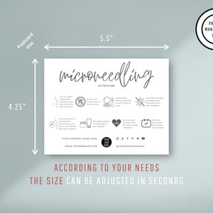May include: A white card with black text and icons outlining aftercare instructions for microneedling. The card measures 4.25 inches by 5.5 inches and includes the text "microneedling aftercare" and "Your Company Name Here".