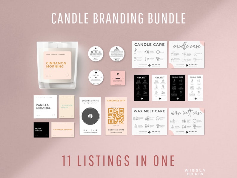 May include: A branding bundle for candle and wax melt businesses. The bundle includes labels, stickers, business cards, care cards, and social media graphics. The graphics feature a pink and black color scheme with a modern minimalist design.