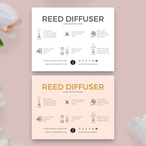 Plantilla de tarjeta de cuidado del difusor de caña editable, instrucciones de cuidado del difusor de caña imprimibles, inserciones de guía de cuidado del difusor de habitación, manual de aromas de habitación