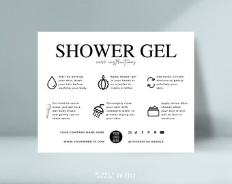 Plantilla de guía de cuidado de gel de ducha, tarjeta editable de cuidado de gel de ducha, guía de aplicación de jabón líquido corporal imprimible con diseño bohemio.