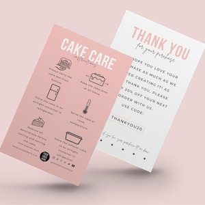 May include: Two pink cards with black text. The left card has instructions for cake care, with illustrations of a cake box, a cake, a refrigerator, a thermometer, and a cake slice. The right card says "Thank You for your purchase" and includes a discount code: "THANKYOU20".