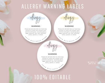 Editable Allergy Warning Label Template, Food Allergens Round Sticker, Bakery Safety Labels, Printable Intolerance Ingredients List