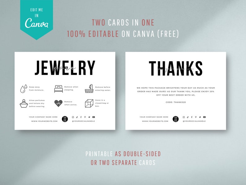 Printable Jewelry Care Card Template Editable Jewellery Care | Etsy
