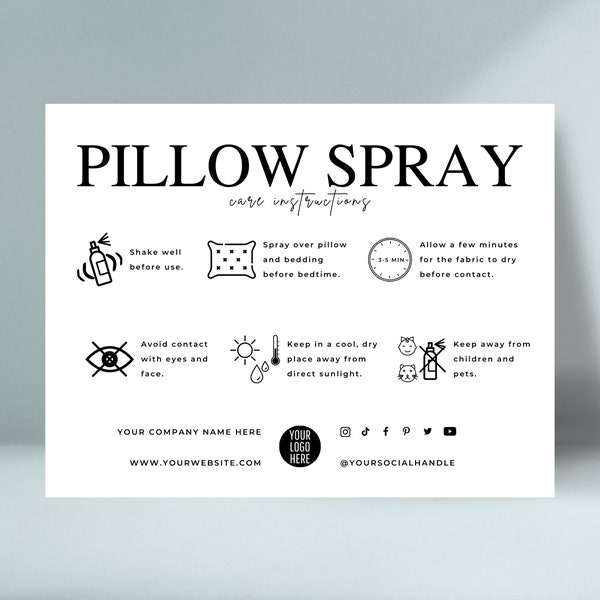 Editable Pillow Spray Care Card Template, Sleep Mist Care Guide, Linen Freshener Spray Safety Instructions, Elegant Spray Warning Note