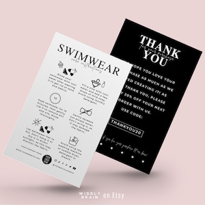 Modèle de mini guide d'entretien des maillots de bain, instructions de lavage du bikini, guide d'entretien client pour les maillots de bain personnalisés, notice d'emballage de maillots de bain design bohème
