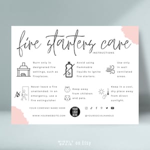 Fire Starters Care Guide Template, Editable Wax Firelighters Care Card, Printable Boho Design Eco Fireplace Starter Safety Instructions