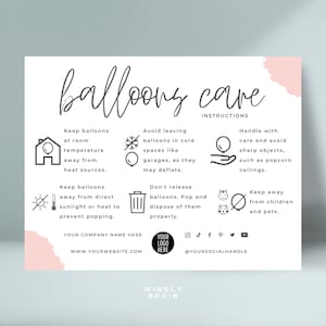 Editable Balloon Care Card Template in 4 Variations, Printable Boho Design Air & Helium Balloons Safety Instructions Guide Cards