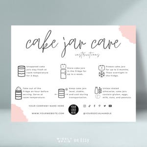 Plantilla de tarjeta de cuidado de frascos para pasteles, instrucciones de almacenamiento de pasteles en frascos, insertos de repostería editables, guía de cuidado de panadería con diseño boho imprimible