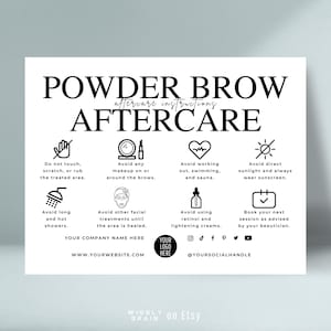 Bearbeitbare Powder Brow Nachsorge-Vorlage, Ombré Powder Brows Pflegekarte, Anweisungen für die Mikroschattierung der Augenbrauen, elegantes Branding für einen Schönheitssalon