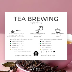 Modelo de cartão de guia de preparo de chá, instruções de infusão de chá solto, guia de preparação de chá Boho Design, nota editável sobre como fazer chá artesanal
