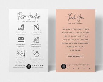 May include: Two cards with care instructions for resin jewelry and a thank you message for a purchase. The left card is white with black text and icons. The right card is peach with black text. The thank you card includes a 20% off discount code: THANKYOU20.