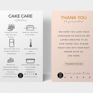 Plantilla de tarjeta de cuidado de pasteles mini, instrucciones editables para el cuidado de pasteles, guía de cuidado de pasteles de boda de diseño minimalista, inserciones de embalaje de panadería