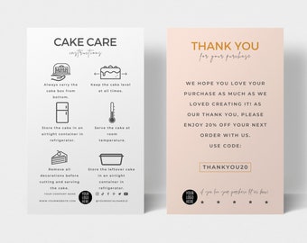 Mini Cake Care Card Template, Editable Cake Care Instructions, Minimalist Design Wedding Cake Care Guide, Bakery Packaging Inserts