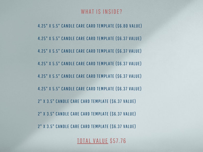 Pode incluir: Uma lista de modelos de cart&otilde;es de cuidados com velas em v&aacute;rios tamanhos, incluindo 4,25 polegadas por 5,5 polegadas e 2 polegadas por 3,5 polegadas. O texto "WHAT IS INSIDE?" est&aacute; no topo da imagem. O valor total dos modelos &eacute; de $ 57,76.