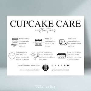 Plantilla de tarjeta de cuidado de cupcakes, consejos de guía de cuidado de cupcakes editables, instrucciones de cuidado de cupcakes imprimibles, inserciones de embalaje de panadería de diseño boho