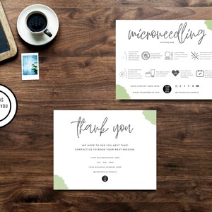 May include: Two white cards with green watercolor accents. The top card has the text "microneedling aftercare" and a list of instructions. The bottom card says "thank you" and includes the text "We hope to see you next time! Contact us to book your next session."