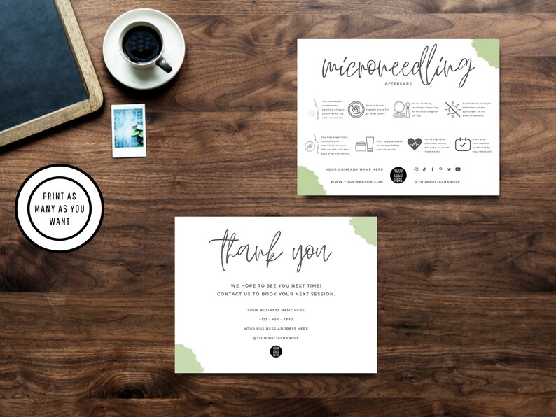May include: Two white cards with green watercolor accents. The top card has the text "microneedling aftercare" and a list of instructions. The bottom card says "thank you" and includes the text "We hope to see you next time! Contact us to book your next session."