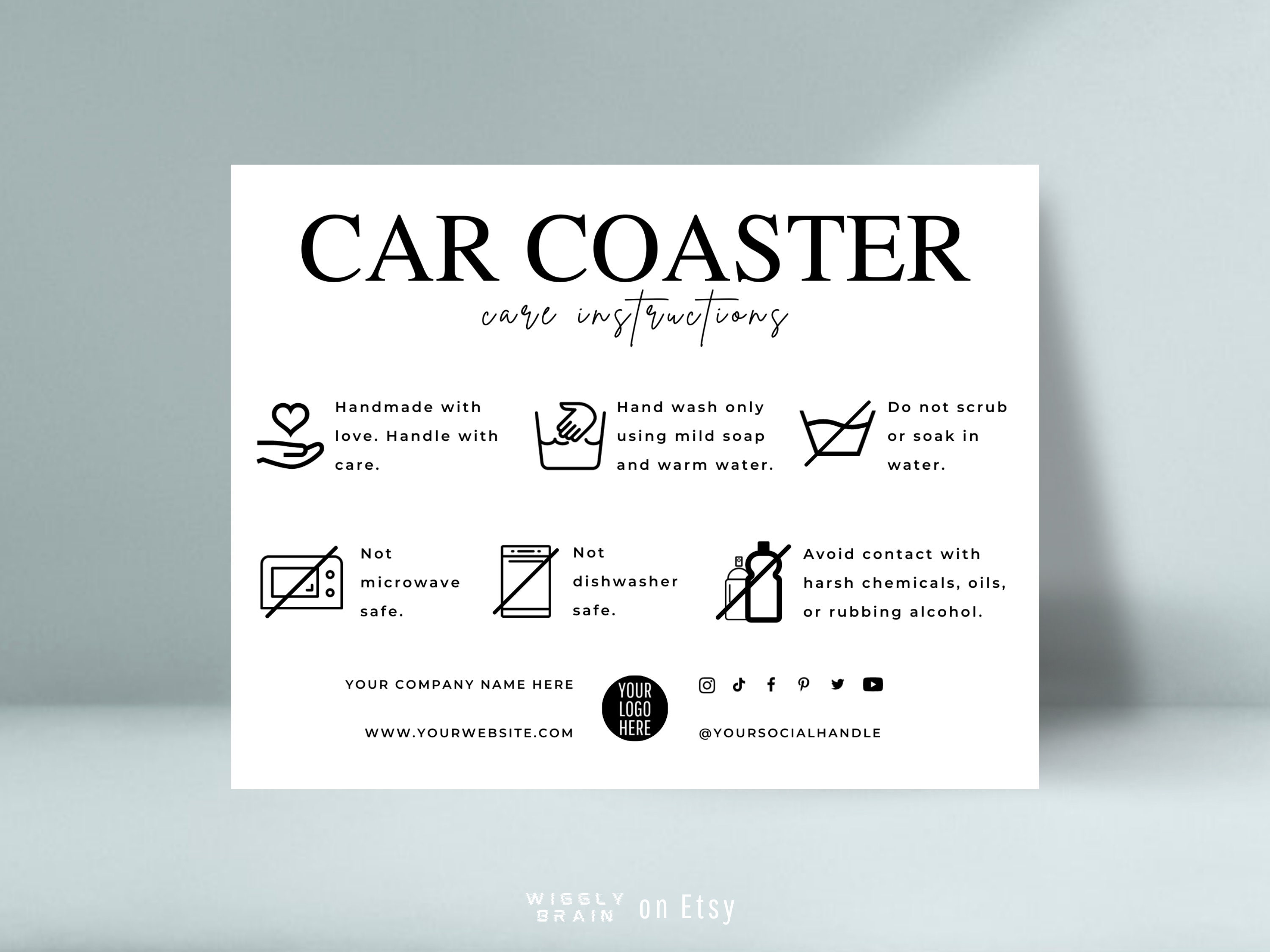 Car Coaster Care Card Template, Editable Car Tumbler Holder Care Instructions Cards, Printable Sublimation Coasters Care Guide Template
