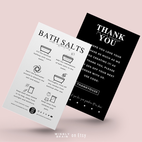 Mini Bath Salts Care Card Template, Epsom Salt Care Guide Instructions, Bath Soak Safety Note, Elegant Design How To Use Bath Salt Tips