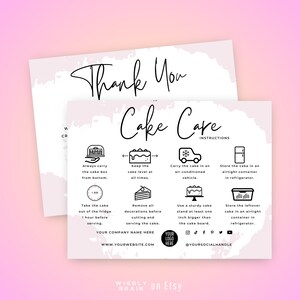 Plantilla de tarjeta editable para el cuidado del pastel, instrucciones para el cuidado del pastel de boda, guía de cuidado del pastel de diseño moderno, inserciones de embalaje de panadería imprimibles