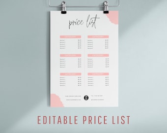 Editable Vinyl Price List Template, Printable Pricing Sheet, Beauty Salon Price Guide, Modern Custom Menu for Small Businesses