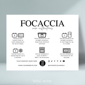 Plantilla de tarjeta de cuidado de focaccia editable, guía de instrucciones de almacenamiento de pan de masa madre, diseño elegante imprimible para marca de panadería de pequeña empresa