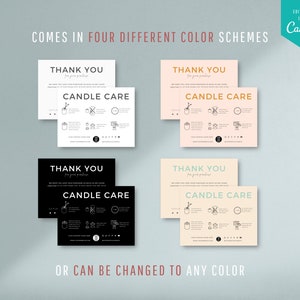 May include: Four different color variations of a thank you card with candle care instructions. The text on the card reads "Thank You for your purchase" and "Candle Care".