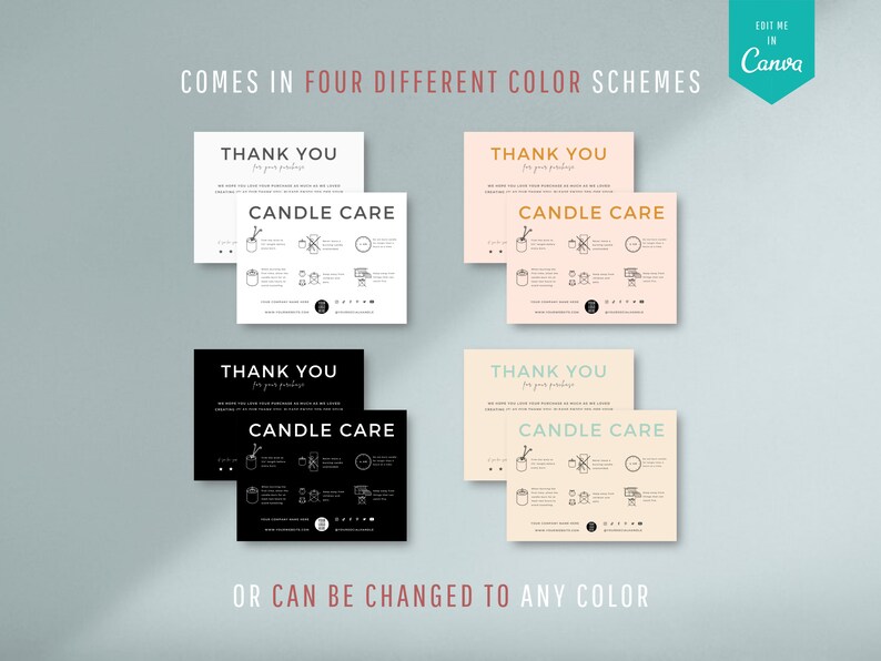May include: Four different color variations of a thank you card with candle care instructions. The text on the card reads "Thank You for your purchase" and "Candle Care".