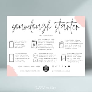 Modello di istruzioni per l'impasto madre, guida all'alimentazione del kit per l'impasto madre, suggerimenti modificabili per il lievito madre, schede di cura per panetteria Boho Design
