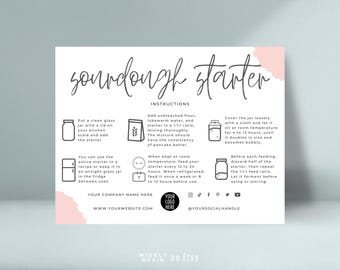 Sourdough Starter Instructions Template, Sourdough Starter Kit Feeding Guide, Editable Dough Levain Tips, Boho Design Bakery Care Cards