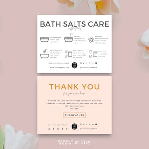Editable Bath Salts Care Card Template, Epsom Salt Care Guide Instructions, Bath Soak Safety Note, Minimalist How To Use Bath Salt Tips