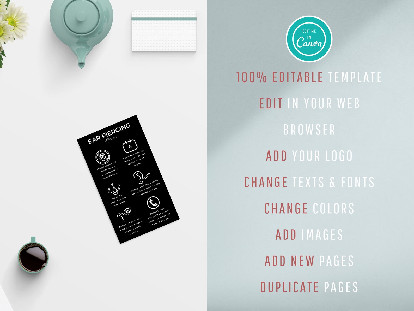 Editable Ear Piercing Aftercare Template, Piercing Guide, Minimalist