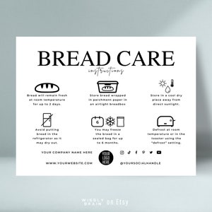 Plantilla de tarjeta de cuidado del pan, instrucciones editables para almacenar hogaza de pan, inserciones de pan de masa madre, elegante nota de guía de cuidado de panadería imprimible