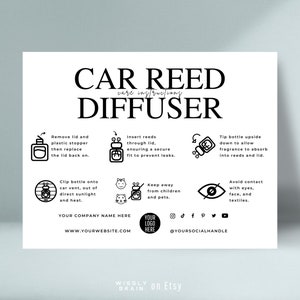 Modèle de carte d'entretien modifiable pour diffuseur de roseaux de voiture, instructions pour le diffuseur à clip de ventilation de voiture, manuel du désodorisant pour voiture, guide d'huile pour diffuseur de climatisation