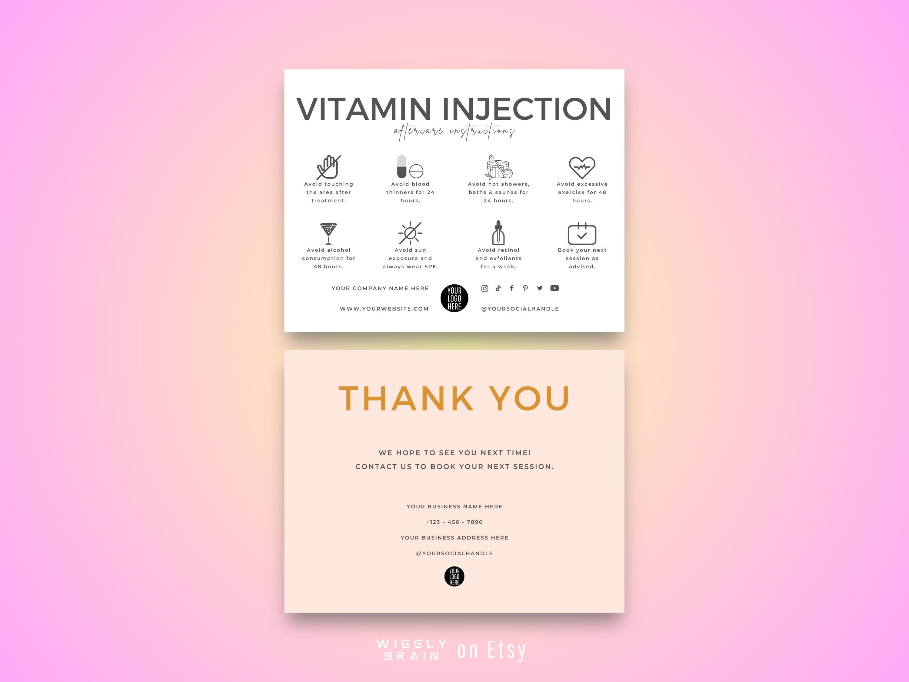 Vitamin Injection Aftercare Template, Editable B12 Injections Post Care  Cards, Intramuscular C D3 Vitamin Shots Treatment Instructions