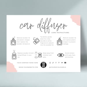 Auto diffuser zorg kaartsjabloon, bewerkbare autogeur onderhoudsinstructies, auto diffuser oliegids, Boho Design auto luchtverfrisser handleiding