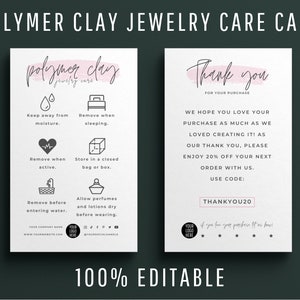 Mini plantilla de tarjeta de cuidado de joyas de arcilla polimérica, instrucciones para el cuidado de joyas, inserciones de joyería modernas, diseños de Canva de pendientes y pulseras