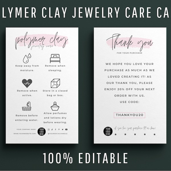 Mini Polymer Clay Jewelry Care Card Template, Jewellery Care Instructions, Modern Jewelry Inserts, Earring & Bracelet Canva Designs