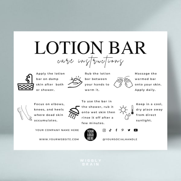 Lotion Bar verzorgingskaartsjabloon, bewerkbare toepassingsgids voor vaste lotion, afdrukbare verzorgingsinstructies voor bodycrème met elegant ontwerp