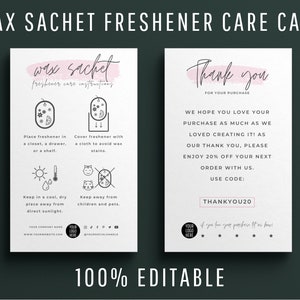 Mini Wax Sachet Care Card Template, Bewerkbare Garderobeverfrisser Onderhoudsinstructies, Geur Pomander Gids, Moderne Luchtverfrisser Veiligheid