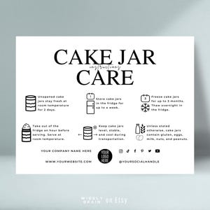 ケーキジャーのお手入れカードテンプレート、ケーキジャーの保管方法、パティスリーのペストリーインサート、編集可能なエレガントなデザインのベーカリーのお手入れガイド