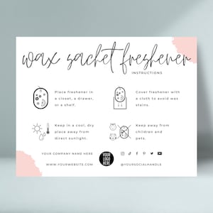 Waszakje zorgkaartsjabloon, onderhoudsinstructies voor garderobeverfrisser, bewerkbare geurpomandergids, Boho Wax luchtverfrisser veiligheidsgids