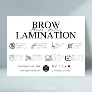 Bewerkbare wenkbrauw lamineren nazorg kaartsjabloon, wenkbrauwen Lami postverzorgingsinstructies, elegant ontwerp schoonheidssalon schoonheidsspecialiste klantkaarten