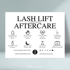 Sjabloon voor nazorg wimperlifting, bewerkbare onderhoudskaart wimperlifting, afdrukbare gids met instructies voor wimperkrulling en tint, bedrijfslogo wimper