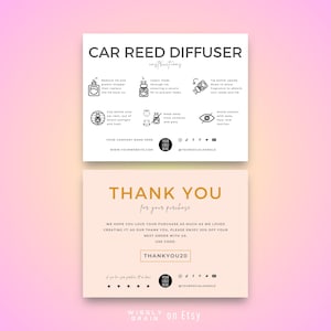 Könnte beinhalten: Eine weiße Karte mit schwarzem Text und Symbolen, auf der "CAR REED DIFFUSER" steht und Anweisungen zur Verwendung des Diffusors enthalten sind. Die Karte enthält auch eine Dankesnachricht mit einem Rabattcode von 20%.