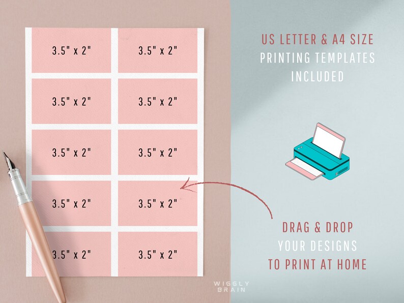 Puede incluir: Una hoja de plantilla imprimible con 10 cuadrados, cada uno mide 3,5 pulgadas por 2 pulgadas. La hoja es rosa con bordes blancos alrededor de cada cuadrado. El texto "3,5" x 2" est&aacute; impreso en cada cuadrado. El texto "US Letter & A4 Size Printing Templates Included" est&aacute; impreso en negro en la parte superior derecha de la imagen. El texto "DRAG & DROP YOUR DESIGNS TO PRINT AT HOME" est&aacute; impreso en negro en la parte inferior derecha de la imagen. El texto "WIGGLY BRAIN" est&aacute; impreso en negro en la parte inferior izquierda de la imagen.