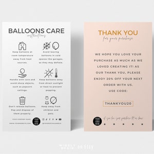 Printable Mini Balloons Care Card Template, Editable Air & Helium Balloon Safety Guide, Minimalist Design Balloon Packaging Inserts