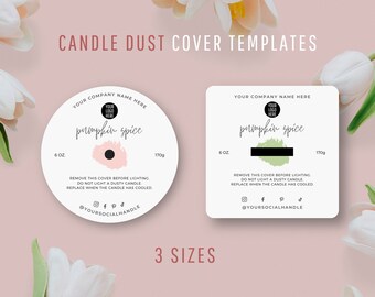 May include: Two white candle jar labels with a black and white logo, the text "YOUR LOGO HERE", and the text "pumpkin spice". The labels also include the text "6 oz" and "170g". One label has a pink watercolor design and the other has a green watercolor design. The text "REMOVE THIS COVER BEFORE LIGHTING. DO NOT LIGHT A DUSTY CANDLE. REPLACE WHEN THE CANDLE HAS COOLED." is on both labels. The text "@YOURSOCIALHANDLE" is on both labels. The text "3 SIZES" is below the labels.