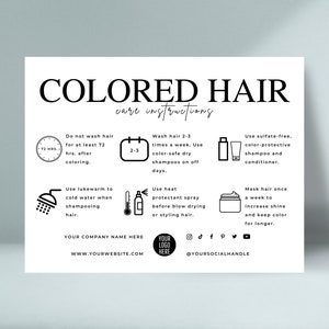 Bearbeitbare Haarpflegekartenvorlage, Anweisungen zur Nachsorge für gefärbtes Haar, eleganter Design-Friseur-Farbführer für behandelte Haare