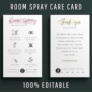 Bewerkbare kamerspray-verzorgingskaartsjabloon, onderhoudsinstructies voor kamernevel, spuitgids voor luchtverfrisser, sprayveiligheidskaart
